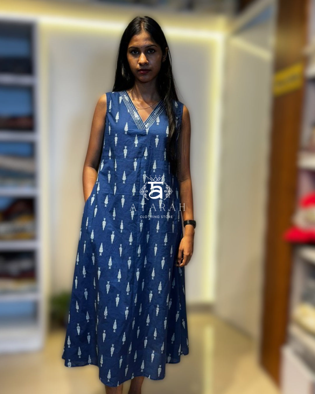 Blue Sleeveless Cotton Midi Dress.