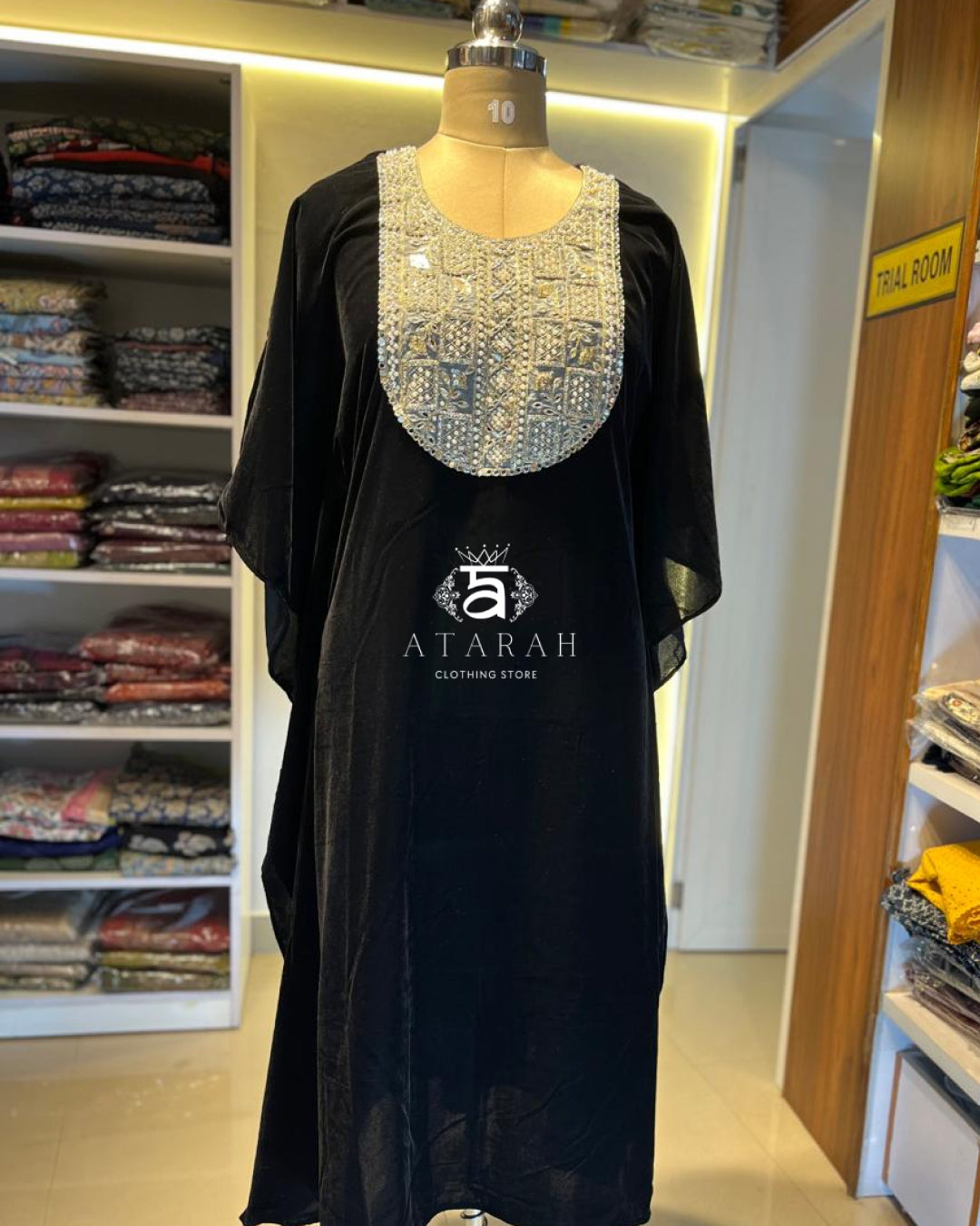 Black Velvet Kaftan with Heavy Mirror & Thread Work Yoke