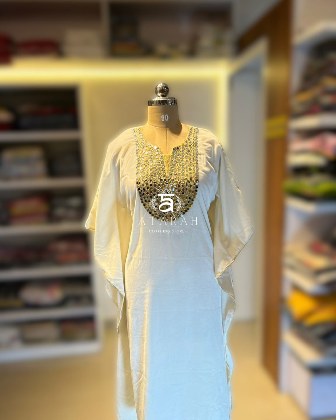 White Velvet Kaftan with Heavy Mirror & Thread Work Yoke