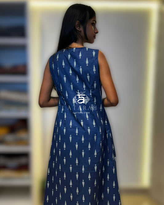 Blue Sleeveless Cotton Midi Dress.