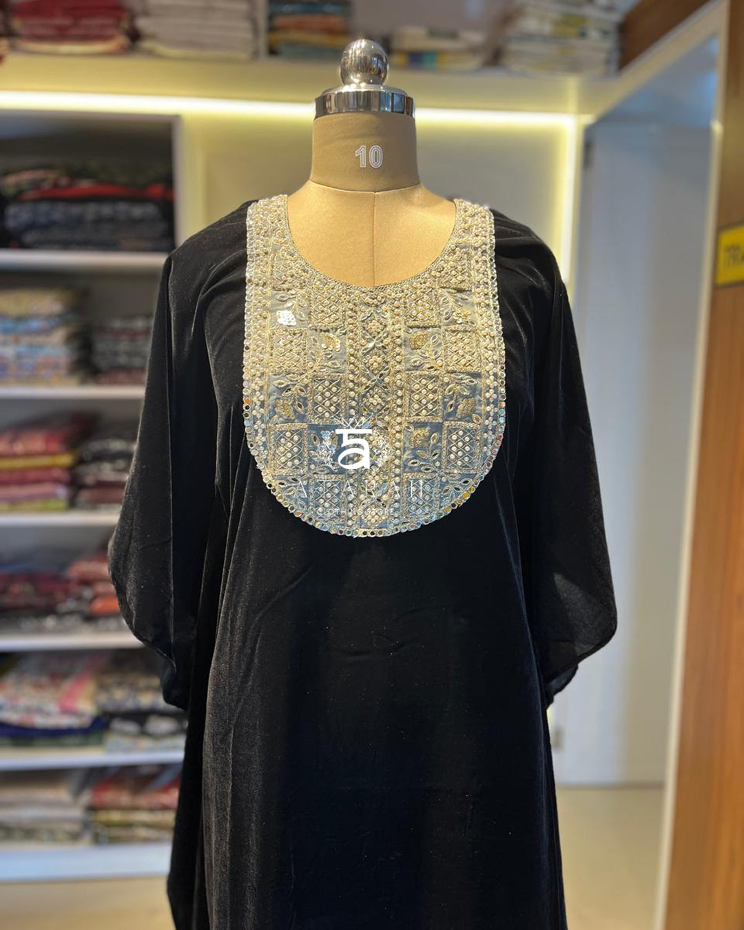 Black Velvet Kaftan with Heavy Mirror & Thread Work Yoke