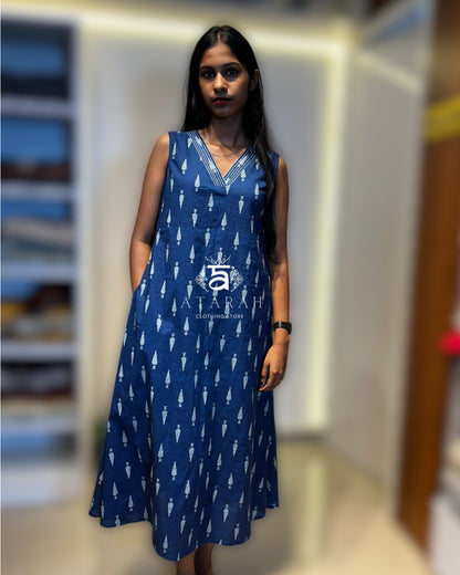 Blue Sleeveless Cotton Midi Dress.