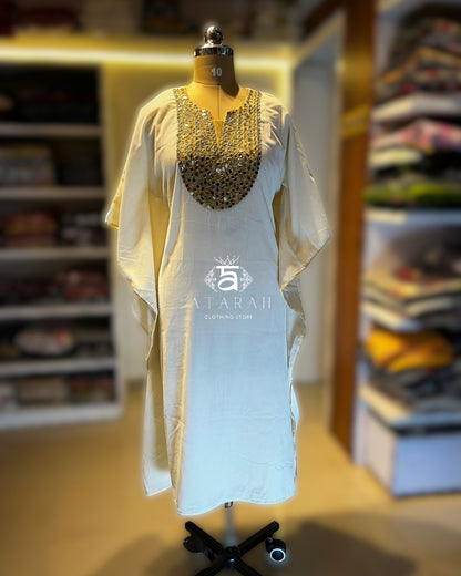 White Velvet Kaftan with Heavy Mirror & Thread Work Yoke