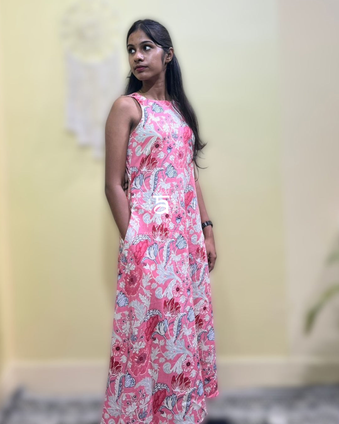 Floral Pink A-Line Midi Dress