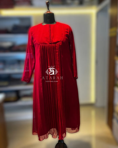 A red cotton anarkali dress in georgette material.