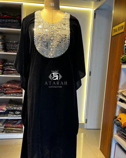 Black Velvet Kaftan with Heavy Mirror & Thread Work Yoke