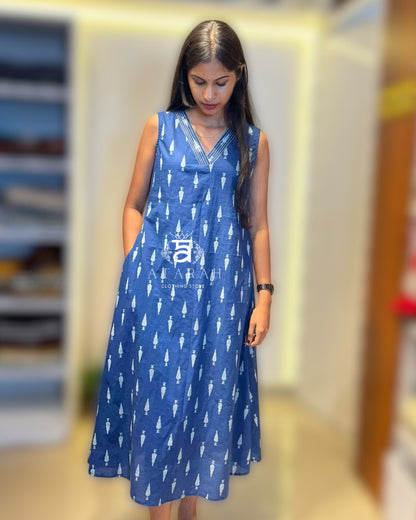 Blue Sleeveless Cotton Midi Dress.