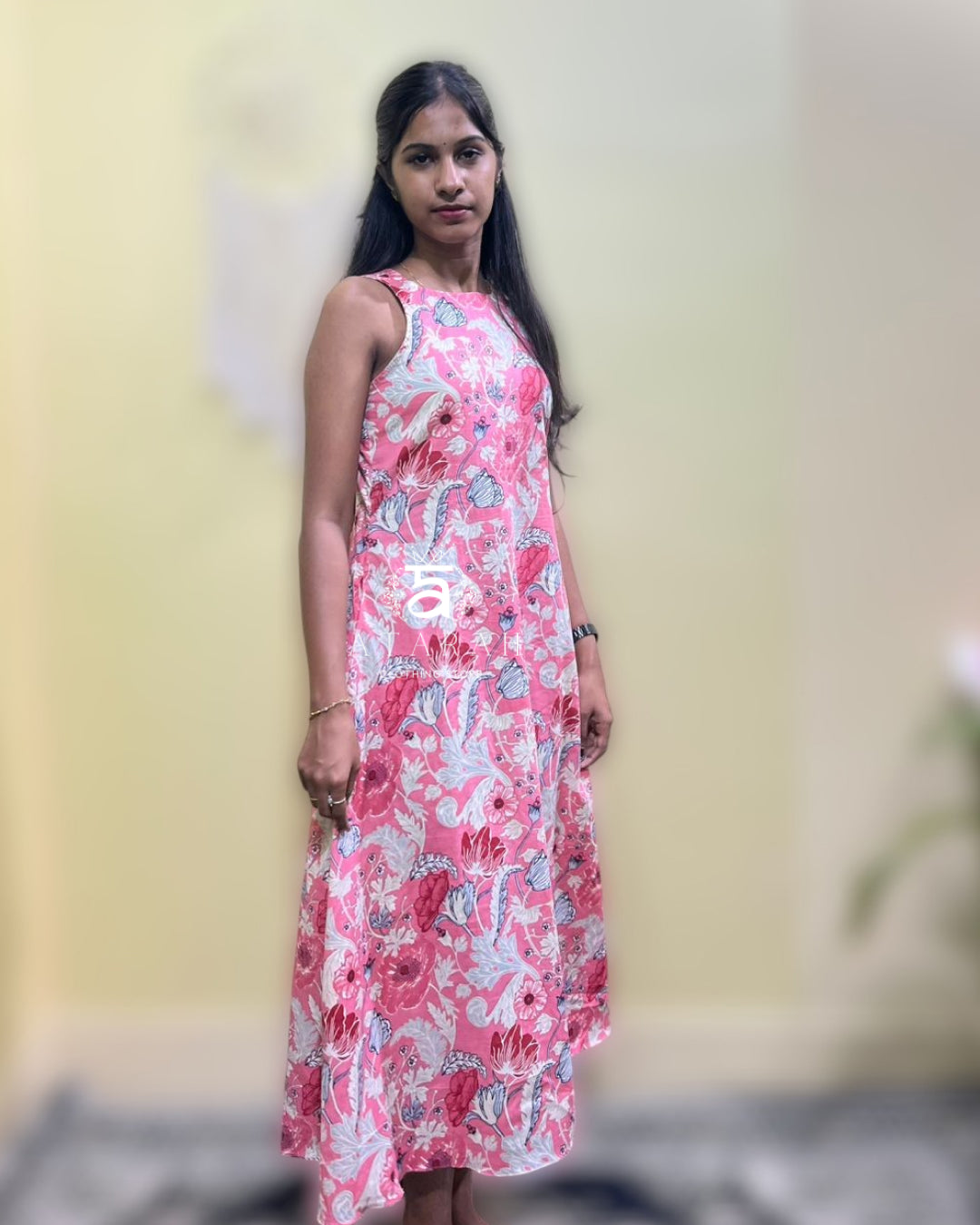 Floral Pink A-Line Midi Dress