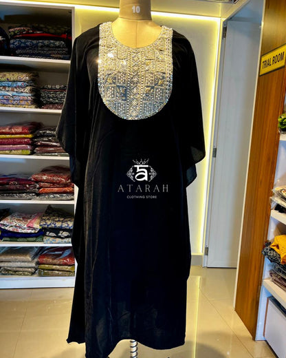 Black Velvet Kaftan with Heavy Mirror & Thread Work Yoke