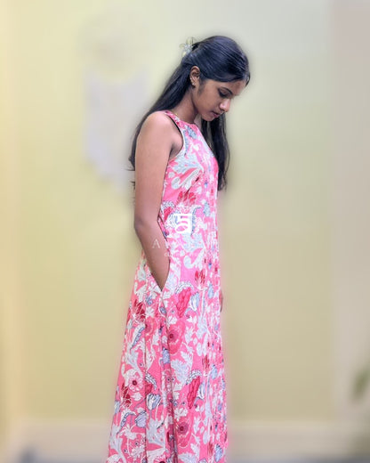 Floral Pink A-Line Midi Dress