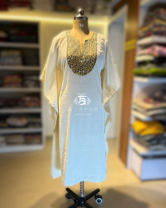 White Velvet Kaftan with Heavy Mirror & Thread Work Yoke