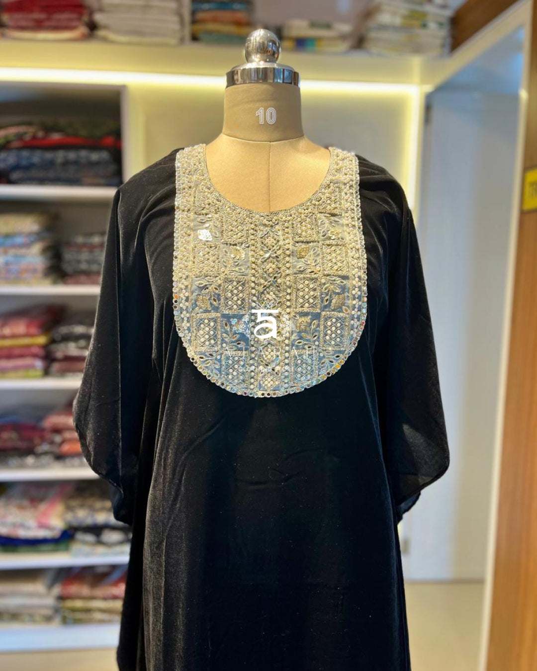 Black Velvet Kaftan with Heavy Mirror & Thread Work Yoke