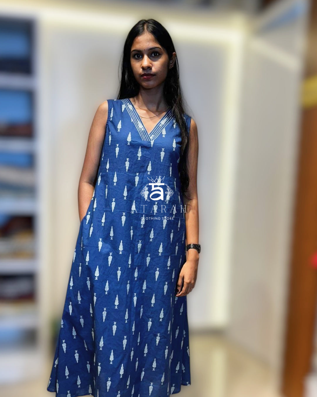 Blue Sleeveless Cotton Midi Dress.