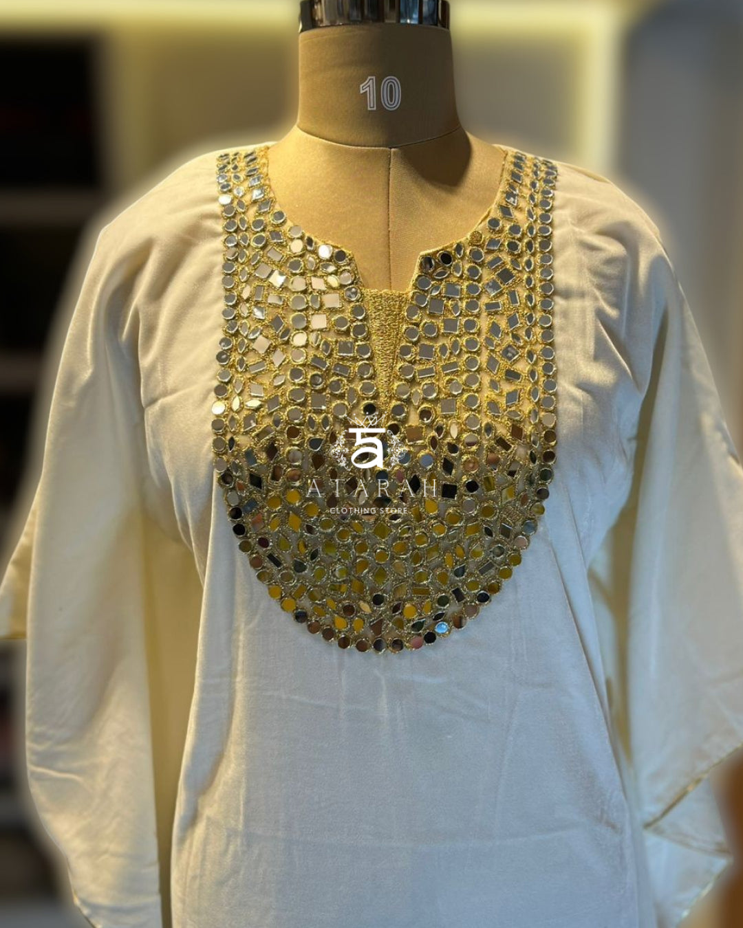 White Velvet Kaftan with Heavy Mirror & Thread Work Yoke