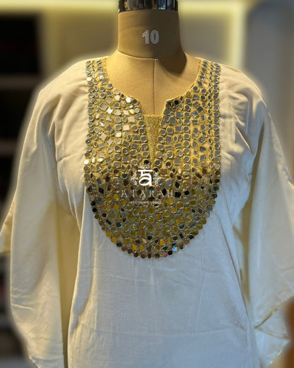 White Velvet Kaftan with Heavy Mirror & Thread Work Yoke