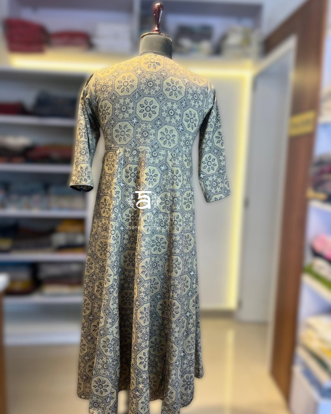 A hand-block printed Angrakha-style dress