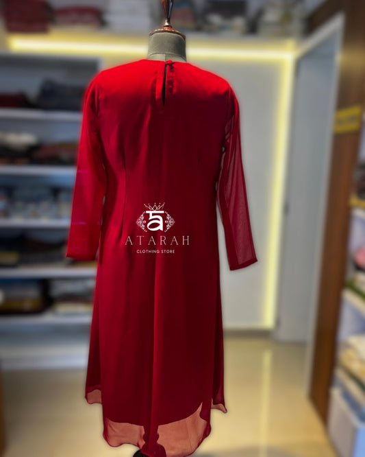 A red cotton anarkali dress in georgette material.