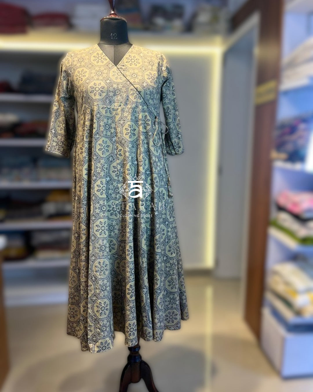 A hand-block printed Angrakha-style dress