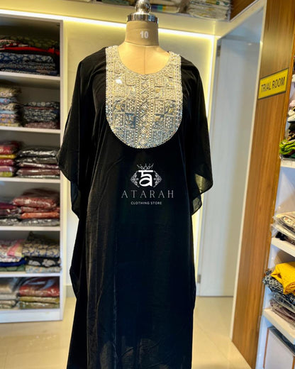 Black Velvet Kaftan with Heavy Mirror & Thread Work Yoke