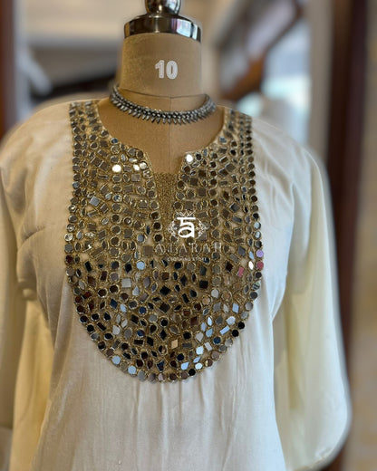 White Velvet Kaftan with Heavy Mirror & Thread Work Yoke