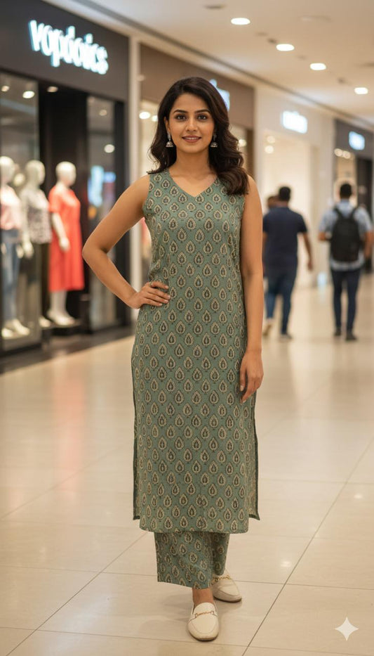 Sage Green Printed Kurta Set