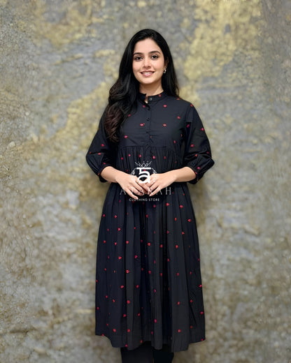 Crimson Bloom In Black Frock Style Kurta