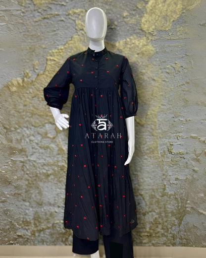Crimson Bloom In Black Frock Style Kurta